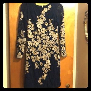 Long sleeve, navy blue and gold body con dress